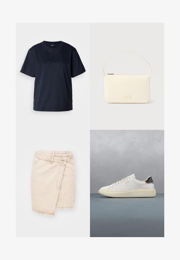 Marineblå kortærmet t-shirt lavet af blødt bomuld. Har en rund halsudskæring og et diskret broderet logo på brystet.; Beige denim miniskirt med et omviklet design, der har en knaplukning, synlige sømme og en let slidt tekstur.; Hvide sneakers med en glat læderoverdel, har en tan- og sort læderhælbrik, runde snørebånd og en kraftig beige gummisål. Guld logo detaljer.; Kremfarvet rektangulær håndtaske med en enkelt rem og lynlås øverst, med en lille præget logo-plakette foran.