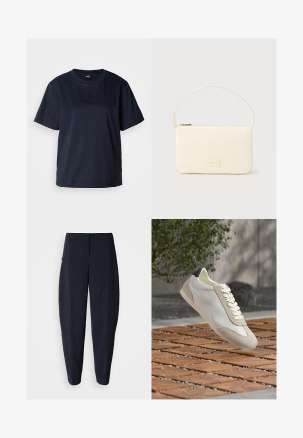Camiseta de manga corta azul marino hecha de algodón suave. Presenta un cuello redondeado y un sutil logo bordado en el pecho.; Pantalones azul marino entallados con cintura de talle medio y bolsillos laterales, con detalles sutiles de costuras a lo largo de las piernas.; Zapatilla casual blanca y beige con detalle negro en el talón, cordones blancos y branding "BOSS", flotando sobre un pavimento de bloques de madera al aire libre.; Bolso rectangular color crema con una sola correa y cremallera superior, con una pequeña placa de logotipo en relieve en el frente.