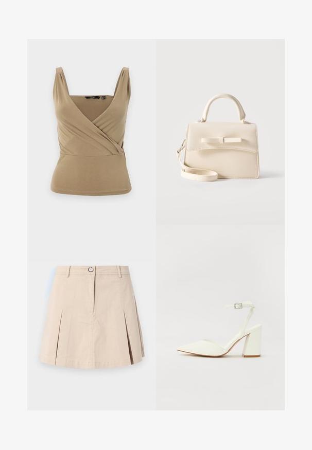 Top sin mangas en color beige con escote en V profundo y diseño envolvente. Fabricado en una tela suave con sutiles pliegues en los hombros y cintura ajustada.; Falda corta beige con pliegues delanteros, cierre con botón y cremallera, y trabillas para cinturón, mostrada sobre un fondo claro y liso.; Sandalia blanca de tacón con puntera afilada, correa ajustable en el tobillo y un tacón cuadrado grueso. Textura lisa con detalles de costura mínimos.; Pequeño bolso beige con asa superior, correa desmontable, solapa frontal y lazo decorativo horizontal sobre un fondo liso.