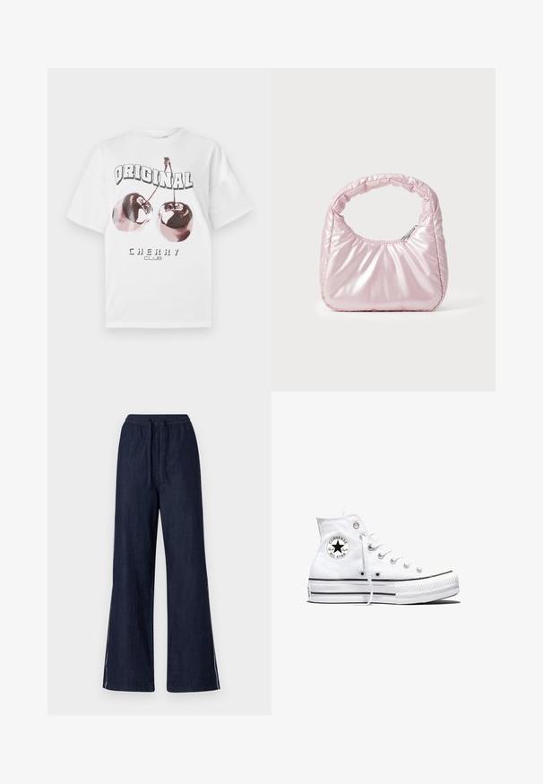 Hvid bomulds T-shirt med korte ærmer. Har et grafisk print af to kirsebær og teksten "ORIGINAL CHERRY CLUB" i fed sort skrift.; Bredde benbukser i mørk denim, med elastisk talje og snøre, samt hvide sidelister på hvert ben. Glat tekstur.; Hvid højtop Converse Chuck Taylor All Star-sneaker med sort logo-patch og hvide snørebånd, vist på hvid baggrund.; Rosa, polstret håndtaske med afrundet design, lavet af skinnende materiale. Har et samlet håndtag og en lynlås til sikker adgang.