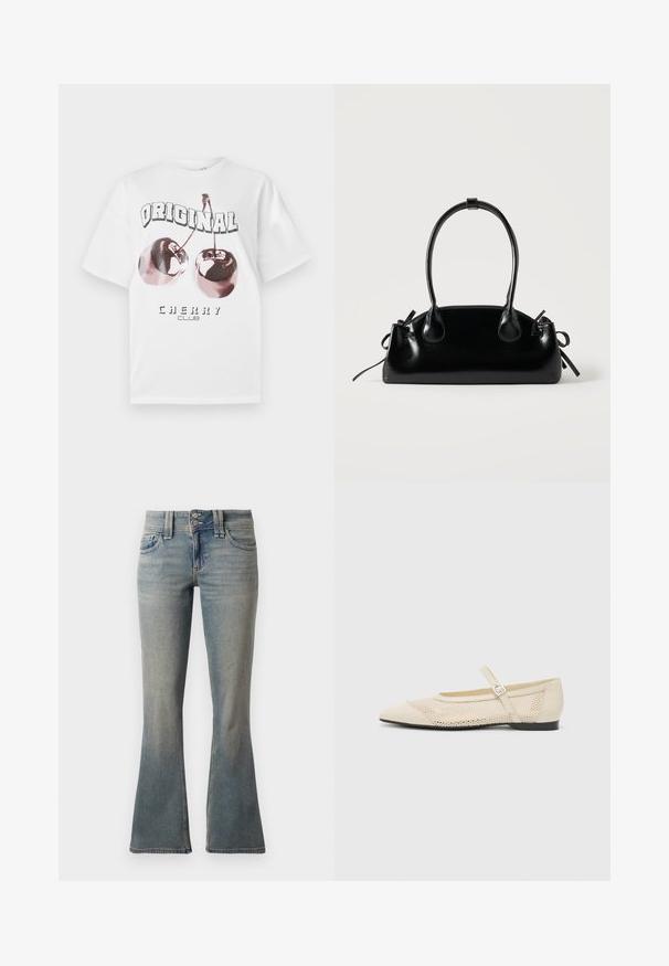 Hvid bomulds T-shirt med korte ærmer. Har et grafisk print af to kirsebær og teksten "ORIGINAL CHERRY CLUB" i fed sort skrift.; Lyseblå flagrende jeans lavet af denim. Har to forlommer, en knaplukning og subtile lysninger over stoffet.; Beige balletflader med spids tå, mesh design overlay og en side spænde. Flad sål med en glat tekstur.; Lille sort blank håndtaske med to lange håndtag og snøre-detaljer i siden på en ensfarvet lys baggrund.