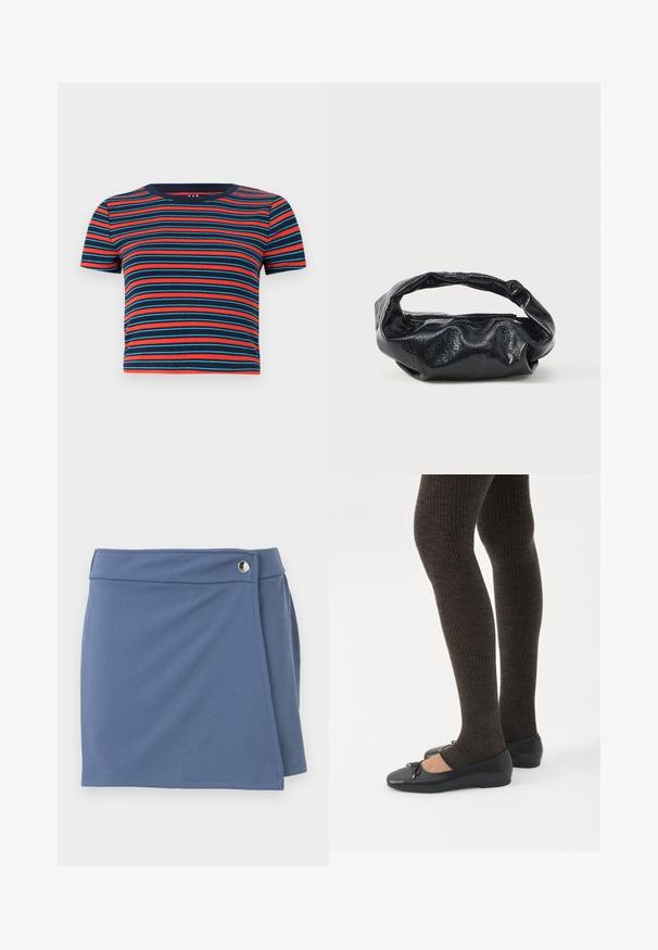 T-shirt à manches courtes et col rond avec des rayures horizontales bleu marine, rouge et turquoise. Fabriqué en mélange de coton doux, il présente une silhouette cintrée.; Jupe bleue style portefeuille avec une taille haute et une fermeture par bouton argenté sur le côté droit, présentée sur un fond blanc.; Jambes portant des leggings côtelés foncés associés à des ballerines noires avec de petits détails en nœud sur fond blanc.; Sac noir en matériau texturé et brillant avec une poignée circulaire torsadée et une fermeture éclair. Présente un design doux et froissé.