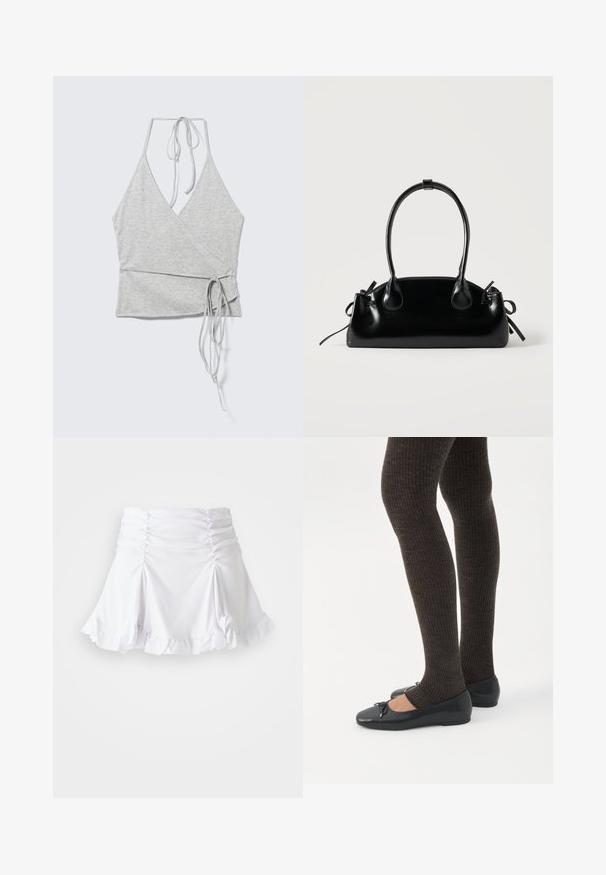 Light gray sleeveless wrap top with deep V-neck, halter ties at neck, and long waist ties on left side.; White skirt made of textured fabric with ruched detailing and ruffled hem. Features a flared design with a fitted waist.; Legs wearing dark ribbed leggings paired with black ballet flats featuring small bow details on a white background.; Small black glossy handbag with two long handles and side drawstring details on a plain light background.