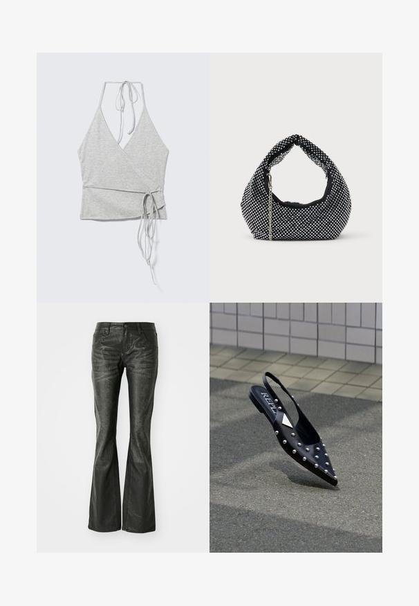 Light gray sleeveless wrap top with deep V-neck, halter ties at neck, and long waist ties on left side.; Black faux leather flared jeans with front pockets, a metal button closure, and a slightly textured surface. Straight leg with a long cut.; Black pointed slingback shoe made of smooth material, featuring silver studs, a flat sole, and a logo on the footbed.; Black mesh handbag adorned with silver studs, featuring a curved handle and a chain strap. Soft texture with a rounded shape.