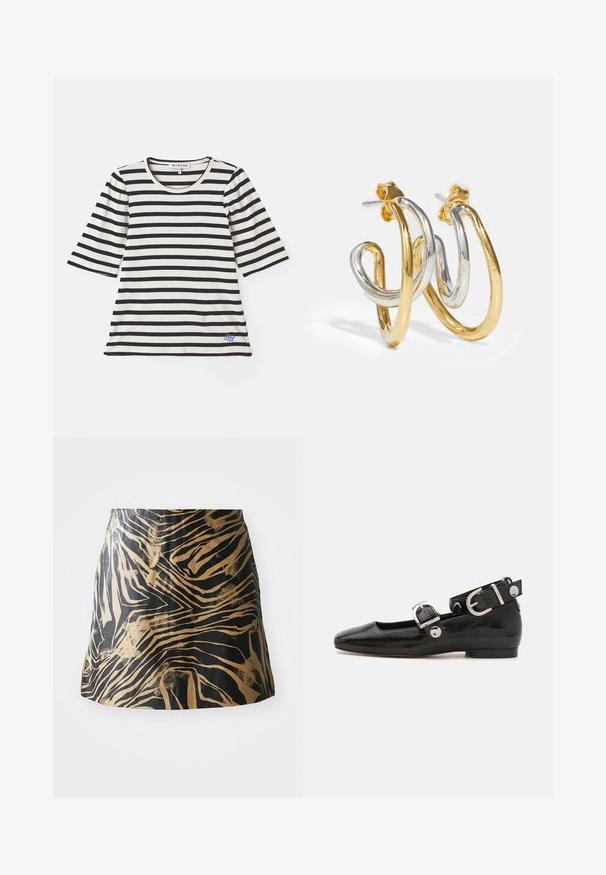 Gestreiftes T-Shirt in Creme und Marineblau, mit kurzen Ärmeln, geripptem Textur, rundem Ausschnitt und einem kleinen blauen Logo-Detail in der Nähe des Saums.; Schwarzer und goldener Rock mit Zebra-Streifen-Muster, aus glattem Material gefertigt, mit taillierter Form und hoch sitzendem Design.; Schwarze Lackleder-Ballerina mit eckiger Zehenpartie, Knöchelriemen mit silberner Hardware und flacher Sohle. Glatte Textur mit minimalistischen Design.; Gold- und Silber-verwobene Creolen mit glatten, glänzenden Oberflächen; mit einem Steckverschluss für sicheren Sitz.