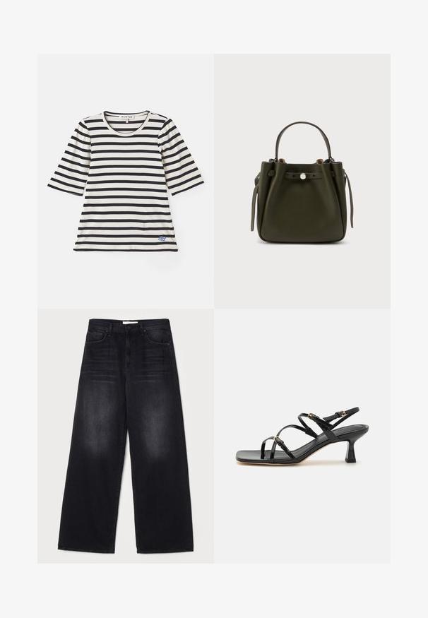 Stribet t-shirt i creme og marineblå, med korte ærmer, ribbet struktur, rund halsudskæring og en lille blå logo-detalje nær kanten.; Mother THE SPINNER ZIP SNEAK - Jeans Relaxed Fit - black; Sorte lakerede sandaler med stropper, kvadratisk tå og en lav blokhæl. Udstyret med guldfarvet hardware og justerbare ankelremme.; Mørkegrøn læderhåndtaske med enkelt topgreb, opsamlede sider og en forreste rem med sølvknaplukning, vist mod en ensfarvet baggrund.