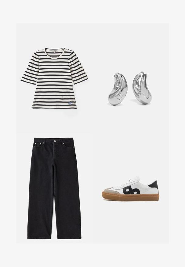 Stribet t-shirt i creme og marineblå, med korte ærmer, ribbet struktur, rund halsudskæring og en lille blå logo-detalje nær kanten.; Sorte denim wide-leg jeans med fem lommer, knaplukning og sølvhardware. Har en ren, skræddersyet silhuet og subtil tekstur.; Hvide lærreds sneakers med sort logo, suedelæderdetaljer og gummisål. Har flade hvide snørebånd og en rund tådesign.; Sølvøreringe med en buet, blank finish og et sømløst design. Har en hængsellukning for sikker bæring.