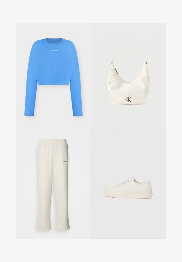 Világoskék hosszú ujjú, haspóló felsőrész, kerek nyakkivágással, fehér "Calvin Klein" logóval a mellkas közepén.; Calvin Klein krém színű, laza szabású melegítőnadrág, elasztikus derékrésszel és kis zöld logóval a bal oldalon. Puha, sima textúra.; Krémfehér vászonnal készült sportcipő, amely alacsony tetejű dizájnnal, kerek orral és lapos gumitalppal rendelkezik, diszkrét varrási részletekkel.; Kis, fehér, félhold alakú kézitáska rövid pánttal, cipzáras záródással és fekete "cK" logóval az elején.