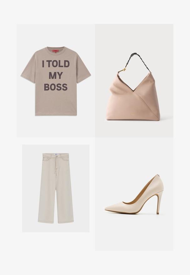 T-shirt en coton beige, à manches courtes, col rond, avec un texte audacieux en noir : "J'AI DIT À MON PATRON" imprimé en évidence sur le devant.; Pantalon beige à jambes larges avec une taille haute, doté d'une fermeture à cordon, de poches avant et de surpiqûres contrastées.; Escarpin beige à talon haut, à bout pointu, finition en cuir lisse, talon stiletto mince, design minimaliste avec un détail arrière subtil.; Sac à main en cuir beige doux avec une couture frontale inclinée, petit logo de marque doré, et une bandoulière noire réglable avec boucle dorée.