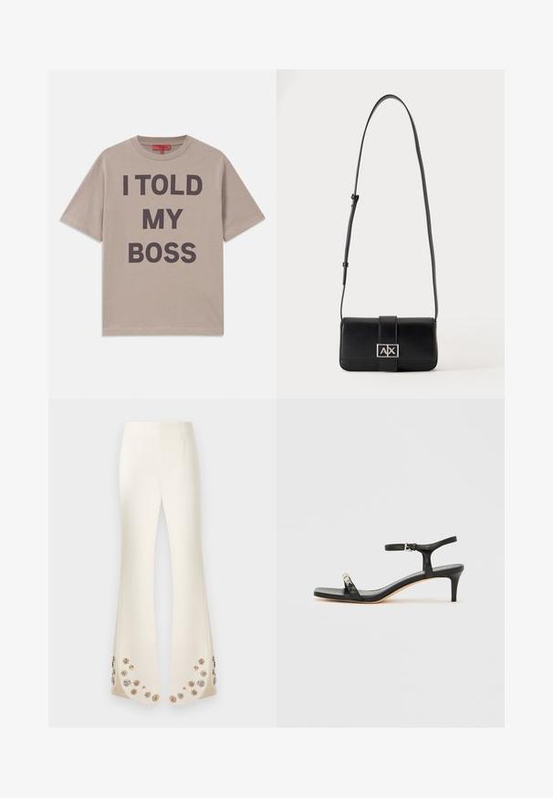 T-shirt en coton beige, à manches courtes, col rond, avec un texte audacieux en noir : "J'AI DIT À MON PATRON" imprimé en évidence sur le devant.; Pantalon évasé couleur crème orné de motifs floraux dorés et argentés le long de l'ourlet inférieur sur un fond blanc.; Sandale noire en cuir à talon avec bride à la cheville, bout ouvert, devant carré et accent en métal argenté. Design ajusté avec un profil élégant.; Sac à bandoulière en cuir noir avec sangle ajustable et fermoir rectangulaire argenté avec les lettres A et X sur un fond uni.