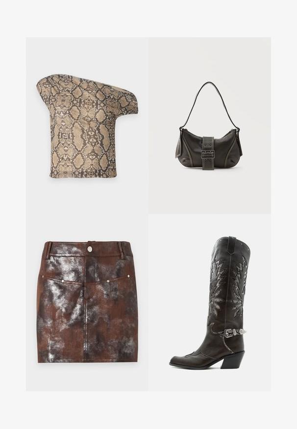 Un morceau de tissu à motif serpent texturé en beige et brun, avec une forme asymétrique, conçu pour un look moderne et unique.; Mini-jupe marron et noire à effet métallique avec poches avant, passants de ceinture et fermeture par bouton argenté à la taille.; Botte de cowboy en cuir noir avec découpes décoratives, boucle argentée et talon incliné, présentée sur fond blanc.; Sac à épaule en cuir noir avec une sangle à boucle, des bords arrondis et des coutures blanches contrastées sur un fond uni.