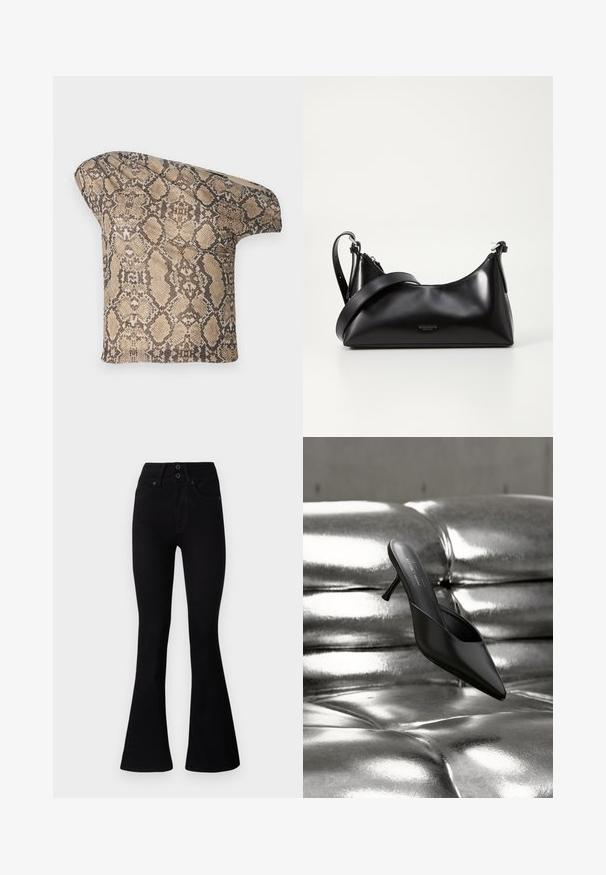 Struktureret, beige og brun slangeskinds-mønstret stofstykke med en asymmetrisk form, designet til et unikt, moderne look.; Pepe Jeans FLARE CONTOUR - Flared jeans - black denim; Sort mule med spids tå og slank hæl placeret på en skinnende, metallisk sølv polstret overflade.; Sort læderhåndtaske med en glat tekstur. Har en justerbar stropp og et enkelt, minimalistisk design med lynlås.