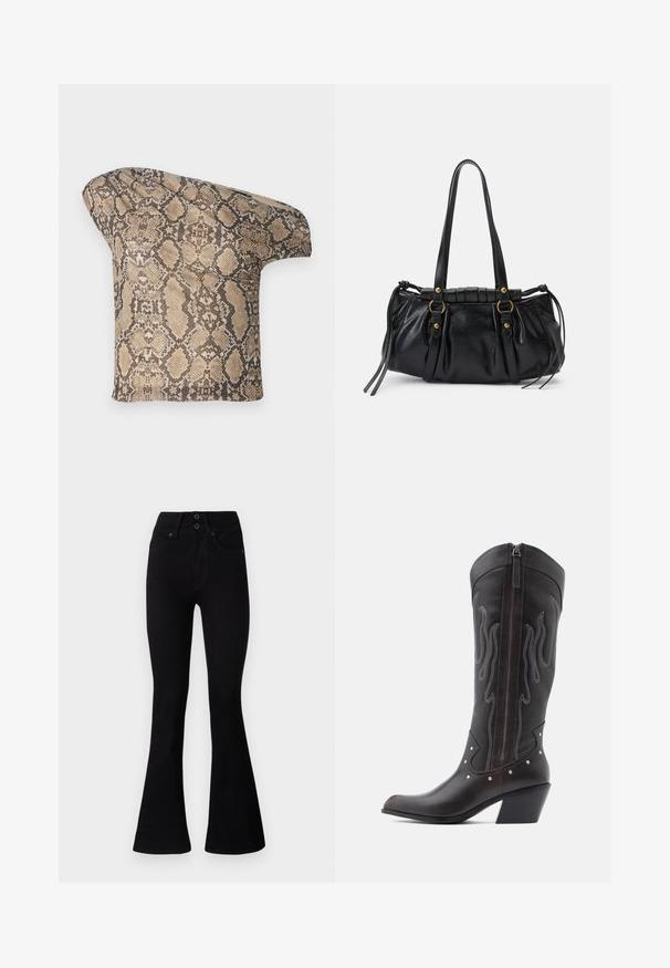 Textúrovaný kúsok látky s hnedo-bežovým hadím vzorom, s asymetrickým tvarom, navrhnutý pre jedinečný, moderný vzhľad.; Pepe Jeans FLARE CONTOUR - Zvonové džínsy - black denim; Hnedé kožené kovbojské čižmy s výšivkou v tvare plameňov, bočným zipsom, striebornými nitmi, špicatou špičkou a vystuženým opätkom.; Čierna kožená kabelka so zaobleným tvarom, dvojitými uchami, dekoratívnymi kovovými prvkami a detailmi so šnúrkami na bokoch. Hladký, lesklý povrch.