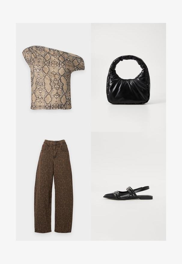 Struktureret, beige og brun slangeskinds-mønstret stofstykke med en asymmetrisk form, designet til et unikt, moderne look.; Brune leopardmønstret vidde ben jeans med høj talje, knaplukning og to forlommer. Fremstillet af denimstof med en glat overflade.; Even&Odd Slingback-ballerinasko - black; Sort polstret håndtaske med et rundt håndtag, der har en glat, skinnende overflade og en blød, kviltet tekstur. Ingen synlige hardware eller accenter.