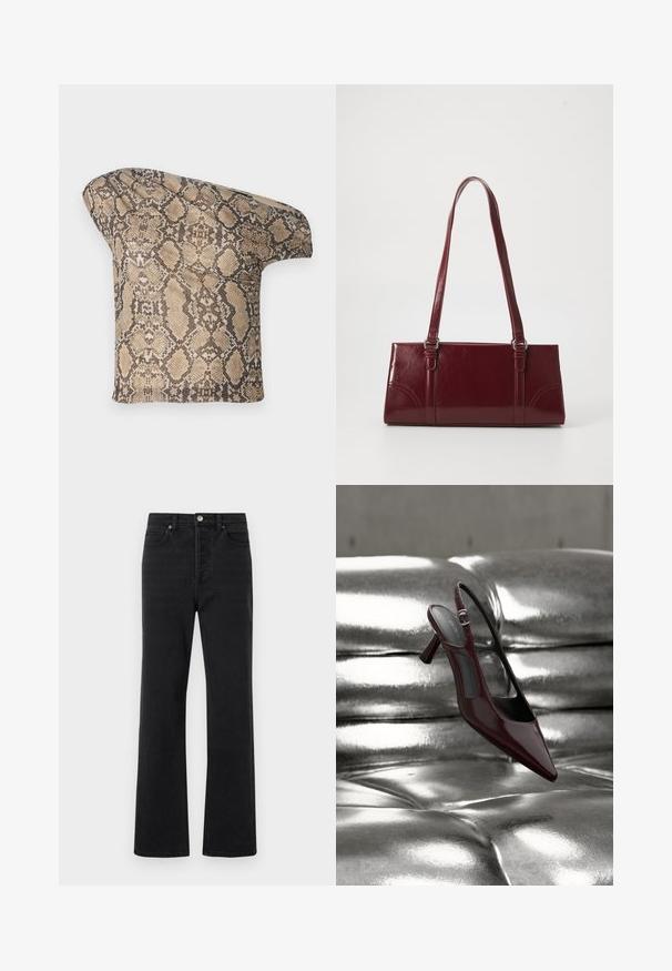 Struktureret, beige og brun slangeskinds-mønstret stofstykke med en asymmetrisk form, designet til et unikt, moderne look.; Sorte denim jeans med en flareben-design, fem lommer, en frontknaplukning og subtile syninger. Blød tekstur med minimal slitage.; Blank mørkerød slingback højhælet sko med spids tå, vist på en skinnende sølvfarvet polstret læderoverflade.; Bordeaux håndtaske lavet af glansfuldt materiale, rektangulær form, med to skulderremme og subtile buede detaljer på forsiden.