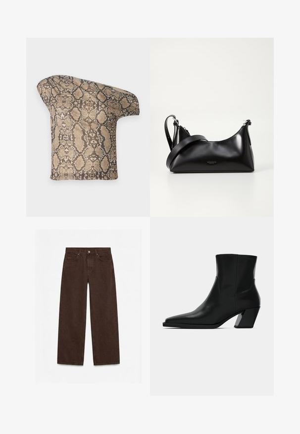 Struktureret, beige og brun slangeskinds-mønstret stofstykke med en asymmetrisk form, designet til et unikt, moderne look.; Mørkebrune bukser med høj talje og lige ben, med forreste knap, lynlås, bæltestropper og design med fem lommer.; Sortlæder ankelstøvle med spids tå, en slank silhuet og en kraftig firkantet hæl. Glat tekstur med minimale stikninger.; Sort læderhåndtaske med en glat tekstur. Har en justerbar stropp og et enkelt, minimalistisk design med lynlås.
