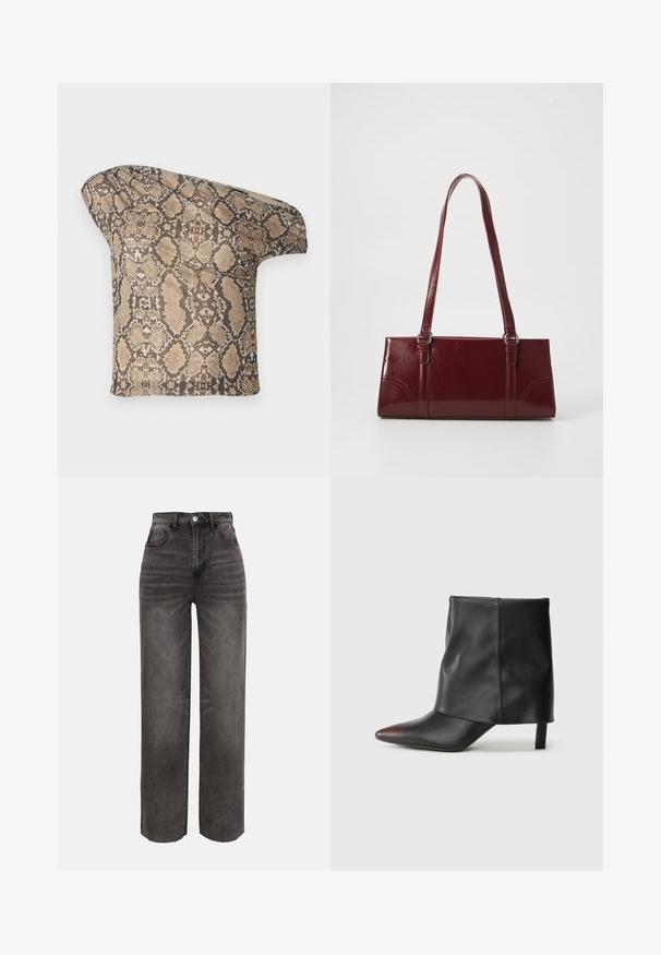 Textuur, beige en bruine slangenhuid-gepatenteerde stof met een asymmetrische vorm, ontworpen voor een unieke, moderne uitstraling.; Zwarte, wijd uitlopende denim jeans met hoge taille, voorkantzakken, knoopsluiting en riemlussen, gewassen effect, tegen een effen achtergrond.; Zwarte enkellaars van glad leer met een puntige neus en een taps toelopende hak. Het bovenwerk heeft een licht geplooid ontwerp.; Bourgondische handtas van glanzend materiaal, rechthoekige vorm, met twee schouderbanden en subtiele gebogen accenten aan de voorkant.