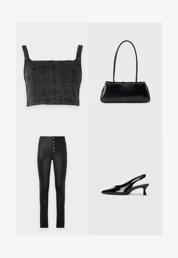 Čierny denimový crop top so širokými ramienkami, ktorý má vertikálne švy a štruktúrovaný strih. Hladký povrch s mierne vyblednutým vzhľadom.; Čierne skinny džínsy s hladkou textúrou, vysokým pásom, päťgombíkovým zapínaním a klasickým štyrmi vreckami.; Čierne lakované kožené slingback topánky s ostrou špičkou a nízkym blokovým podpätkom. Nastaviteľný prackový popruh v oblasti členka.; Čierna obdĺžniková kabelka cez rameno s dlhými tenkými popruhmi a hladkou, lesklou textúrou na jednofarebnom pozadí.