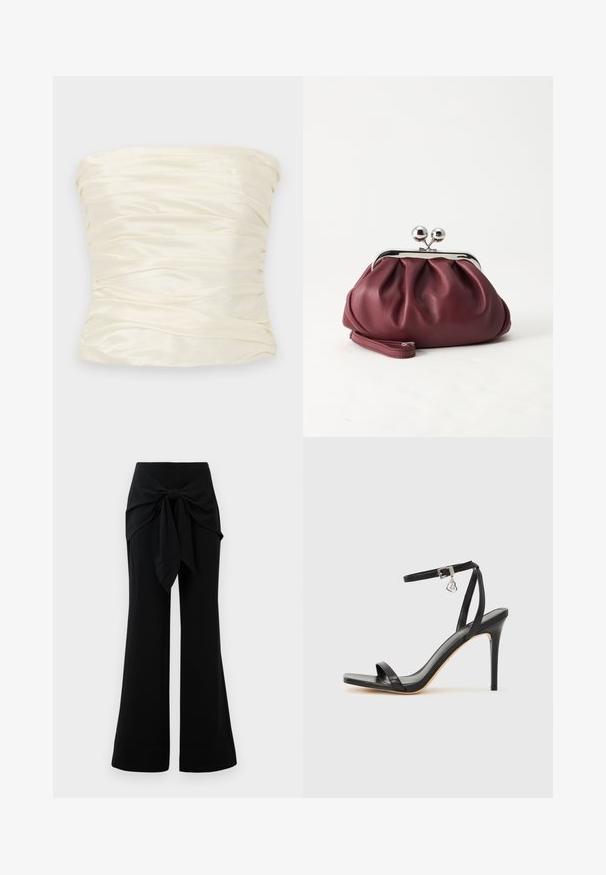 Haut sans bretelles en satin ivoire, avec une texture froncée et un fini lisse, affichant une silhouette large et structurée.; Pantalons larges noirs avec un détail de lien à la taille. Fabriqués en tissu doux, avec une texture lisse et des lignes épurées. Ourlet légèrement évasé.; Sandale à talon haut noire avec une bride étroite à la cheville, bout carré, cuir lisse et accent de boucle métallique.; Petit sac pochette en cuir bordeaux avec fermoir métallique argenté et bracelet sur fond blanc.