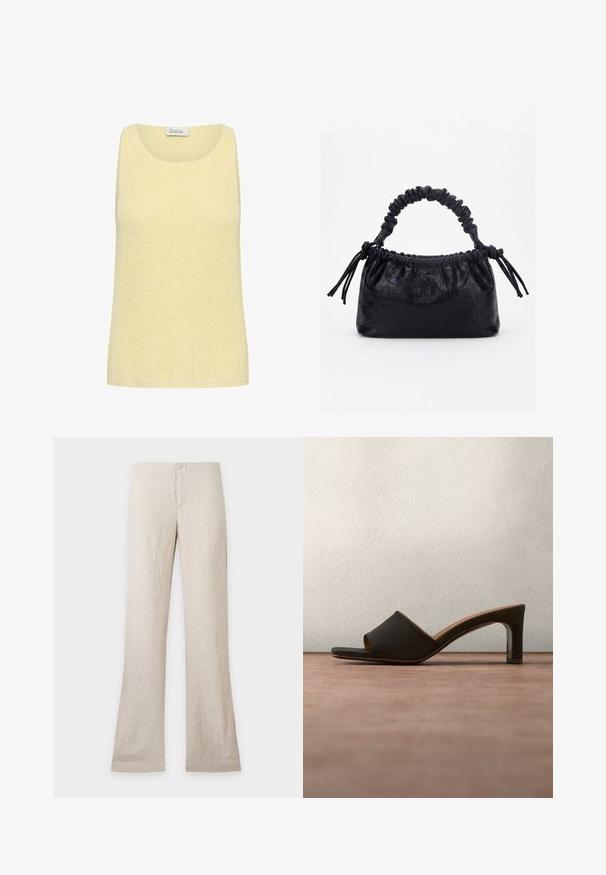 Débardeur sans manches tricoté jaune clair avec encolure ronde et motif texturé, étiqueté "My Essential Wardrobe."; Pantalon en lin beige à jambe droite et fermeture avant dissimulée, présenté à plat sur un fond clair uni. Pas de poches ni de détails visibles.; Mule noire à bout ouvert avec un bout carré et un talon moyen à bloc, posée sur un tapis gris avec des panneaux verts flous en arrière-plan.; Sac à main noir avec texture crocodile, bord supérieur froncé, poignée plissée et pompons à cordon de chaque côté sur fond blanc.