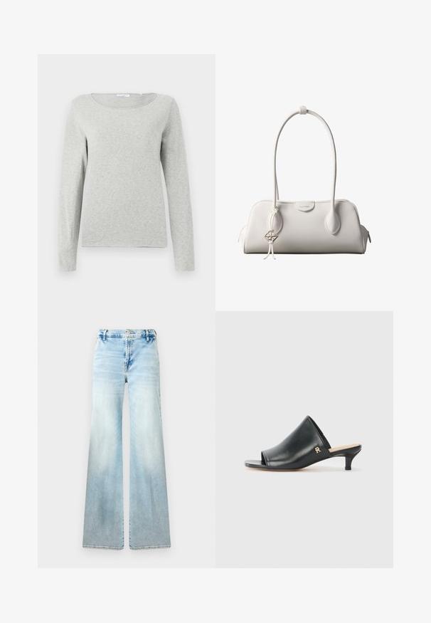 Camisa de manga larga gris claro hecha de una tela suave, con un escote redondo y un corte relajado, con una textura suave y sin patrones visibles.; Jeans acampanados de color azul claro, confeccionados en denim. Presentan un lavado desvaído, bolsillos estándar y un cierre de botón en la cintura.; Mules de cuero negro de punta abierta con un tacón bajo. Presentan una superficie lisa y un acento del logo dorado en el costado.; Bolso de hombro blanco de Calvin Klein con asas largas, forma rectangular, cierre de cremallera y charm decorativo con el logo colgando cerca del asa.