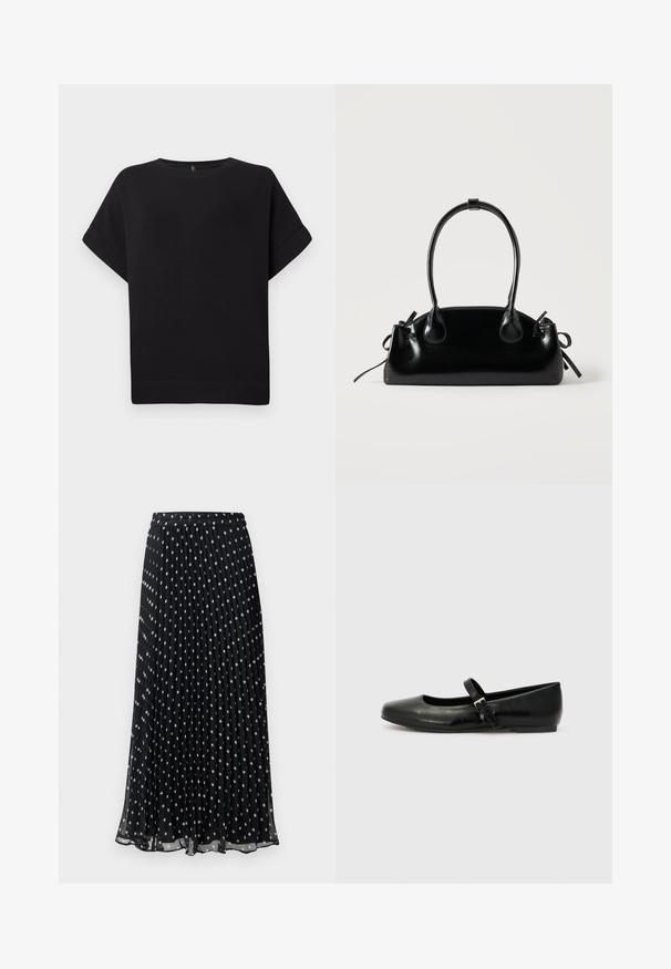Camiseta negra de manga corta hecha de una tela suave, con un cuello redondo y un corte relajado, con dobladillo cosido y sin patrones visibles.; Falda negra plisada con lunares blancos, presenta una cintura elástica y un diseño fluido, confeccionada con tela ligera.; Bailarinas de cuero negro con punta redondeada, suela plana y una delgada correa ajustable en el empeine que cuenta con una hebilla de metal.; Pequeño bolso negro brillante con dos asas largas y detalles de cordón lateral sobre un fondo claro liso.