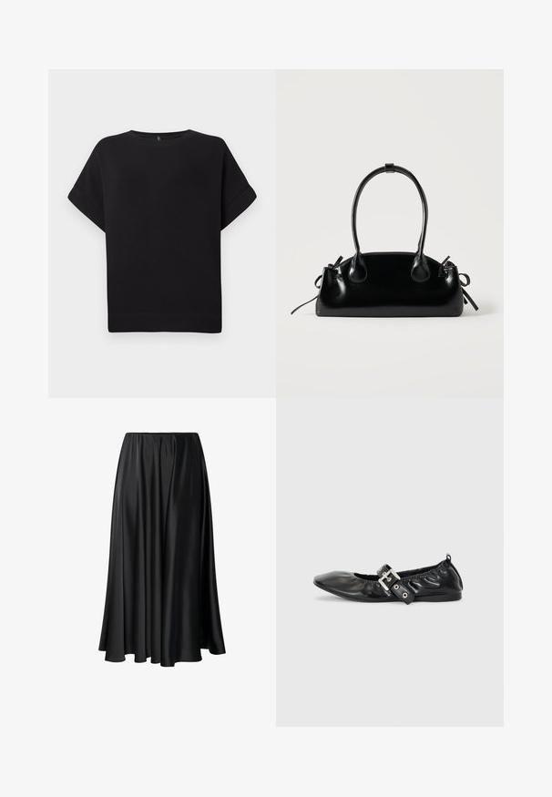 Schwarzes Kurzarm-T-Shirt aus weichem Stoff, mit Rundhalsausschnitt und lockerer Passform, genähtem Saum und ohne sichtbare Muster.; Schwarze Maxirock aus glattem Stoff, mit elastischem Taillenbund, voluminöser Silhouette und fließendem Saum ohne sichtbare Muster oder Details.; Schwarze Leder-Ballerinas mit spitzem Zehenbereich, gerafften Details am Schaft und einem silbernen Schnallenakzent am verstellbaren Riemen.; Kleine schwarze glänzende Handtasche mit zwei langen Griffen und seitlichen Kordelzug-Details vor einfachem hellem Hintergrund.