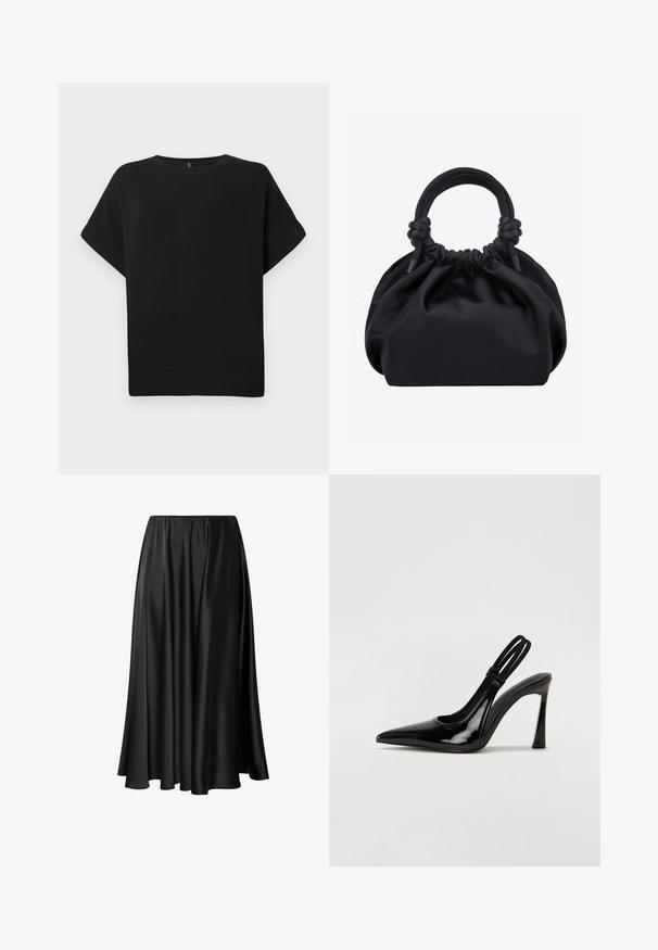 Schwarzes Kurzarm-T-Shirt aus weichem Stoff, mit Rundhalsausschnitt und lockerer Passform, genähtem Saum und ohne sichtbare Muster.; Schwarze Maxirock aus glattem Stoff, mit elastischem Taillenbund, voluminöser Silhouette und fließendem Saum ohne sichtbare Muster oder Details.; Schwarze Lackleder Slingback-Pumps mit spitzem Zehenbereich, schlankem hohen Absatz und doppeltem elastischen Riemen für einen sicheren Sitz. Glatte, glänzende Oberfläche.; Schwarze weiche Stoffhandtasche mit gerafftem oberen Rand und runden, gepolsterten Griffen, die auf jeder Seite mit Knoten gebunden sind.
