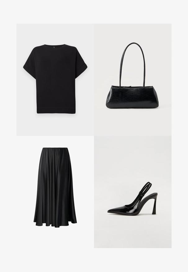 Camiseta negra de manga corta hecha de una tela suave, con un cuello redondo y un corte relajado, con dobladillo cosido y sin patrones visibles.; Falda maxi negra de tejido suave, con una cinturilla elástica, silueta amplia y un dobladillo fluido sin patrones o detalles visibles.; Zapato de tacón con tirante en negro de charol, punta afilada, tacón alto y delgado, y doble tira elástica para un ajuste seguro. Superficie suave y brillante.; Bolso de hombro rectangular negro con correas largas y delgadas y una textura lisa y brillante sobre un fondo liso.