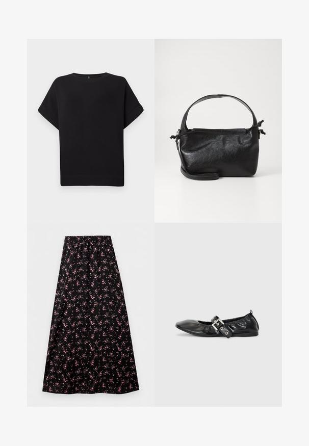 Schwarzes Kurzarm-T-Shirt aus weichem Stoff, mit Rundhalsausschnitt und lockerer Passform, genähtem Saum und ohne sichtbare Muster.; Schwarzer A-Linien-Rock mit elastischem Bund und kleinem rosa Blumenmuster, gleichmäßig über den Stoff verteilt.; Schwarze Leder-Ballerinas mit spitzem Zehenbereich, gerafften Details am Schaft und einem silbernen Schnallenakzent am verstellbaren Riemen.; Schwarze Lederhandtasche mit strukturiertem Design, rundem Haltegriff und abnehmbarem Schulterriemen. Sie weist eine glatte Oberfläche und einen subtilen Glanz auf.