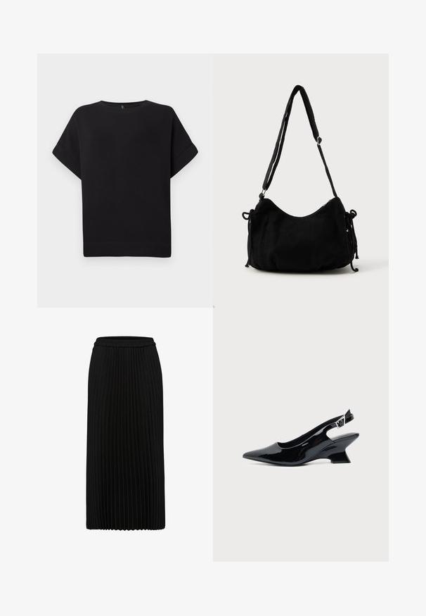 Camiseta negra de manga corta hecha de una tela suave, con un cuello redondo y un corte relajado, con dobladillo cosido y sin patrones visibles.; Falda midi negra plisada con cintura elástica y pliegues verticales, mostrada sobre un fondo blanco.; Zapato slingback de cuero charol negro con puntera puntiaguda y tacón bajo en bloque inclinado sobre fondo claro liso.; Bolso de hombro de pana negra con forma curva, correa ajustable y cierres de cordón en ambos lados para ajustar el tamaño.