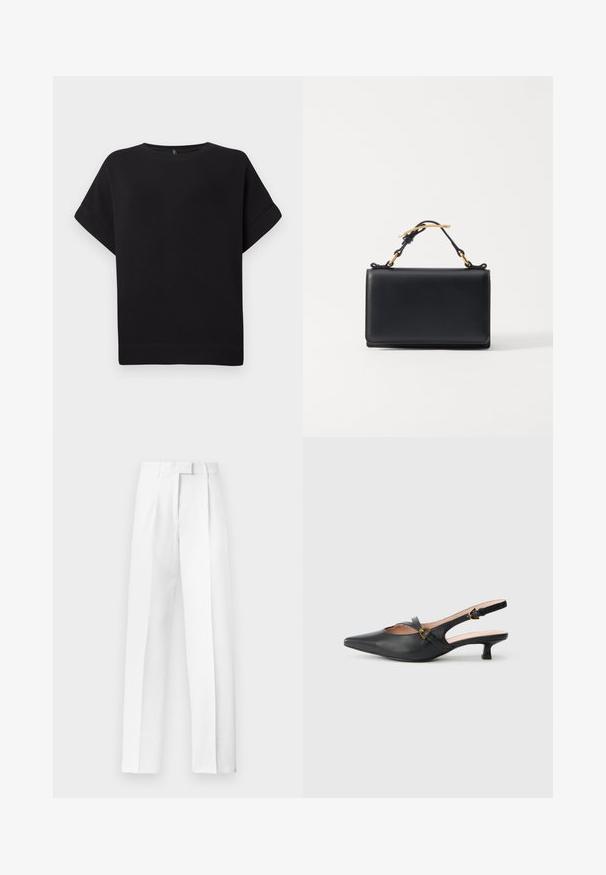Camiseta negra de manga corta hecha de una tela suave, con un cuello redondo y un corte relajado, con dobladillo cosido y sin patrones visibles.; Pantalones blancos hechos a medida con cintura alta, plisados delanteros, trabillas para cinturón y piernas anchas y rectas sobre un fondo liso.; Zapato de salón slingback de cuero negro con puntera puntiaguda, tacón pequeño, diseño recortado y detalle de hebilla dorada en la correa.; Bolso de mano de cuero negro con forma rectangular, que cuenta con un asa superior y acentos en hardware dorado. Textura suave, diseño minimalista.