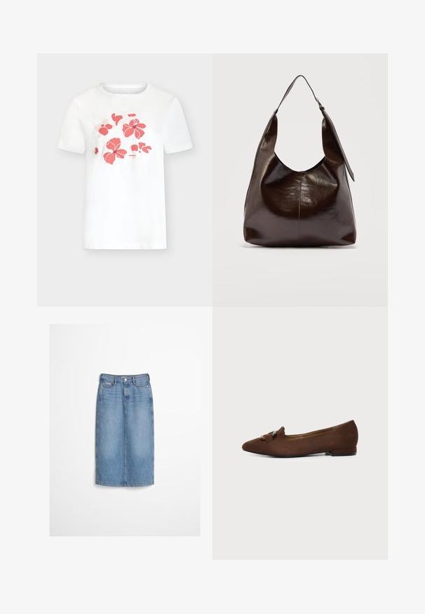 T-shirt blanc à manches courtes avec un imprimé floral rose corail sur la poitrine et un petit texte de la marque sous les fleurs.; Jupe en denim bleu clair avec boutons à l'avant et passants pour ceinture, portée avec un pull texturé foncé.; Chaussure plate marron à bout pointu avec détail décoratif de boucle sur le dessus, sur fond clair uni.; Sac à bandoulière en cuir marron foncé brillant avec une seule large sangle et un détail de boucle sur un côté, posé sur un fond clair uni.
