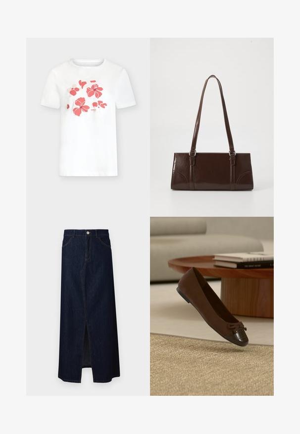 T-shirt blanc à manches courtes avec un imprimé floral rose corail sur la poitrine et un petit texte de la marque sous les fleurs.; Jupe maxi en denim foncé avec une fente frontale, comportant cinq poches, une fermeture éclair et des accents de couture contrastés.; Ballerine marron avec un détail nœud et un bout texturé, placée près d'une table basse ronde en bois avec des livres empilés dans un salon moderne.; Sac à main en cuir verni marron de forme rectangulaire, avec deux longues poignées et des accents courbés subtils à l'avant.