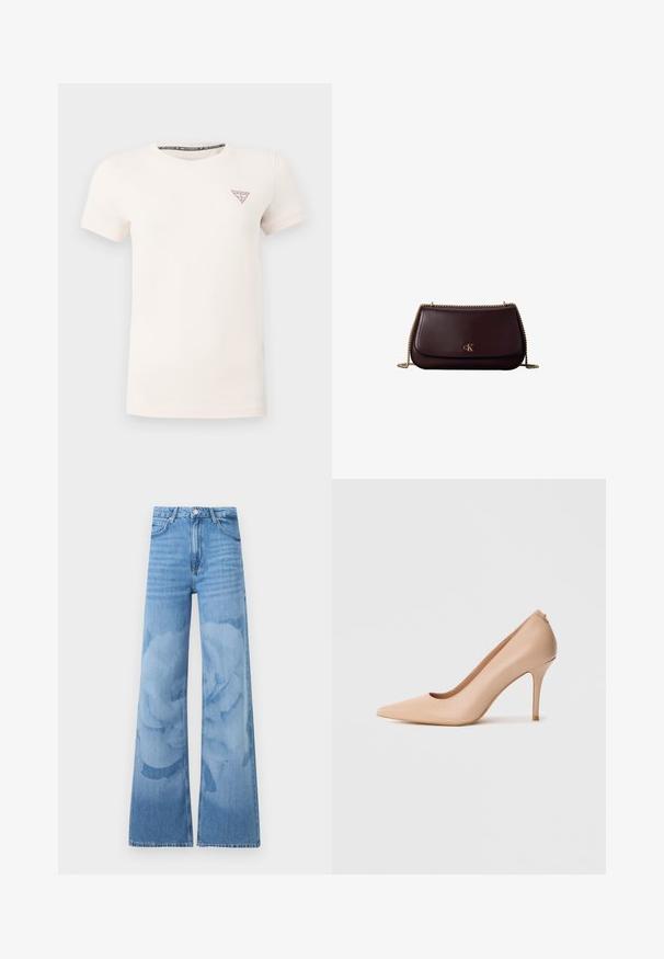 T-shirt blanc à manches courtes et col rond avec petit triangle rouge du logo Guess sur la poitrine gauche, sur un fond uni.; Jean bleu clair à jambes larges avec taille haute, bouton à l'avant et poches, présentant un motif floral subtil lavé sur les jambes.; Escarpin à talon haut en cuir beige avec un bout pointu, une texture lisse et un talon aiguille fin. Design minimaliste avec un style à enfiler.; Sac à bandoulière en cuir brun foncé avec bandoulière chaîne dorée et logo doré "cK" sur le rabat avant.