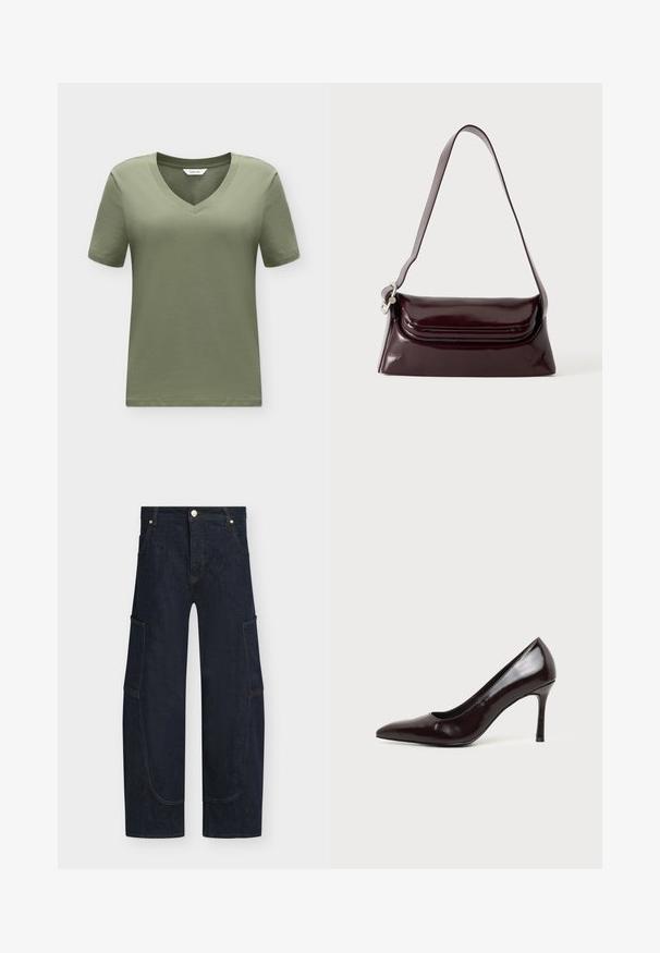 T-shirt uni vert olive à col en V et manches courtes avec une petite étiquette blanche à l'intérieur du col.; Pantalon cargo en denim bleu foncé avec jambes larges, fermeture devant par bouton et zip, grandes poches latérales.; Chaussure à talon haut en cuir noir à bout pointu avec un talon aiguille fin sur un fond clair uni.; Sac à bandoulière en cuir bordeaux foncé avec fermeture à rabat et une fine sangle réglable, présenté sur un fond clair uni.