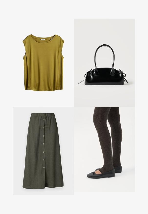 Olijfgroen mouwloos shirt met een ronde halslijn, gemaakt van zachte stof, met een ontspannen pasvorm en een vereenvoudigd ontwerp.; Khaki midi-jurk met een knoopsluiting aan de voorkant met acht knopen, elastische tailleband en een gladde, lichte stof.; Benen met donkere geribbelde leggings gecombineerd met zwarte ballerina's met kleine strikdetails op een witte achtergrond.; Kleine zwarte glanzende handtas met twee lange hengsels en zijkant trekkoord details op een effen lichte achtergrond.