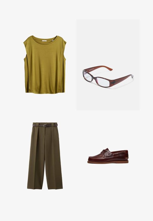 Top sans manches vert olive avec un encolure ronde, fabriqué en tissu doux, offrant une coupe décontractée et un design épuré.; Pantalon large vert olive avec plis devant, poches latérales et ceinture marron avec une boucle en argent.; Chaussure bateau en cuir marron avec lacets, détails de couture et logo Timberland sur le côté, présentée sur un fond blanc.; Lunettes rectangulaires teintées de brun avec une finition brillante, dotées de branches fines et de verres transparents. Logo visible sur la branche gauche.
