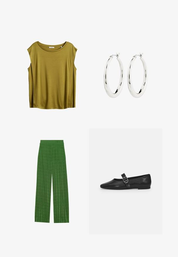 Top sans manches vert olive avec un encolure ronde, fabriqué en tissu doux, offrant une coupe décontractée et un design épuré.; Pantalons larges verts en tissu texturé, dotés d'une taille haute et de rayures verticales pour une silhouette fluide.; Chaussure plate en cuir noir avec un bout arrondi, une seule sangle réglable à boucle et une texture lisse et brillante. Design minimaliste avec un petit talon.; Boucles d'oreilles créoles en argent avec une finition lisse et brillante. Forme circulaire, dotée d'un fermoir sécurisé. Design simple et élégant.