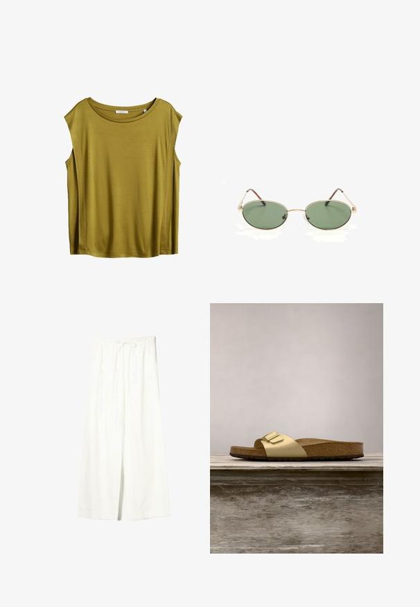 Top sans manches vert olive avec un encolure ronde, fabriqué en tissu doux, offrant une coupe décontractée et un design épuré.; Pantalon en lin blanc à jambes larges avec taille élastique et cordon de serrage, doté de poches latérales et d'une fente à l'avant.; Sandale glissante synthétique dorée avec une seule sangle et un accent de boucle, dotée d'un pied en liège brun et d'une semelle en caoutchouc texturé.; Lunettes de soleil ovales à monture en métal doré avec des verres teintés verts et des branches fines reposant sur une surface blanche.