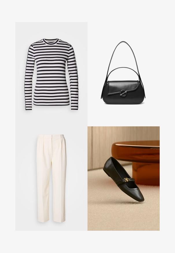 Chemise à manches longues avec des rayures horizontales noires et blanches contrastées, col rond et accents texturés sur les manches.; Lacoste Pantalon classique - lapland; Chaussure plate en cuir noir avec bout pointu et logo CK doré sur la bride, posée sur un tapis beige près d'une table ronde couleur ambre brun.; Sac à bandoulière en cuir noir avec un rabat incurvé fermé par un fermoir métallique rond et une sangle fine et ajustable.