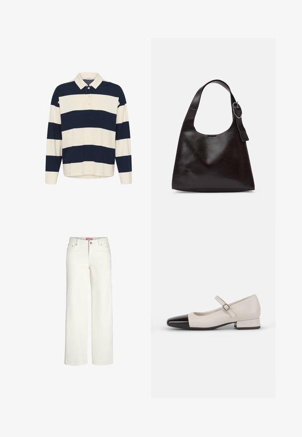 Chemise de rugby à manches longues avec larges rayures horizontales bleu marine et blanches et un col boutonné blanc.; Jean large blanc en denim avec une texture lisse. Comprend cinq poches, une fermeture à bouton et un design taille légèrement haute.; Chaussure de style Mary Jane en cuir crème avec un bout en vernis noir. Présente un bout rond, une sangle de cheville avec une boucle carrée et un petit talon carré.; Sac en cuir marron porté épaule avec une texture lisse, une forme arrondie, une large sangle et un accent métallique circulaire sur la poignée.