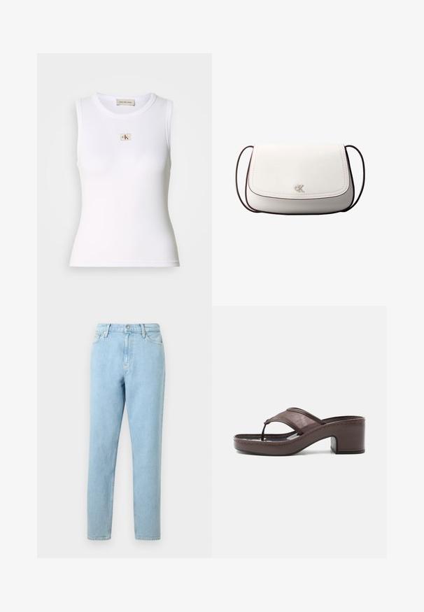 Hvid ribbet ærmeløs top med Calvin Klein Jeans-mærke på brystet og indvendig nakkemærke.; Lyseblå denimjeans med lige ben, femlommers design og knaplukning. Har subtilt slid og en glat tekstur.; Brun sandal med hæl med mesh-rem og tæst design, med blokhæl og syet sål, vist i profil mod hvid baggrund.; Hvid skuldertaske med klaplukning, lille sølv "cK" logo i midten og tynd, justerbar, mørkebrun rem.