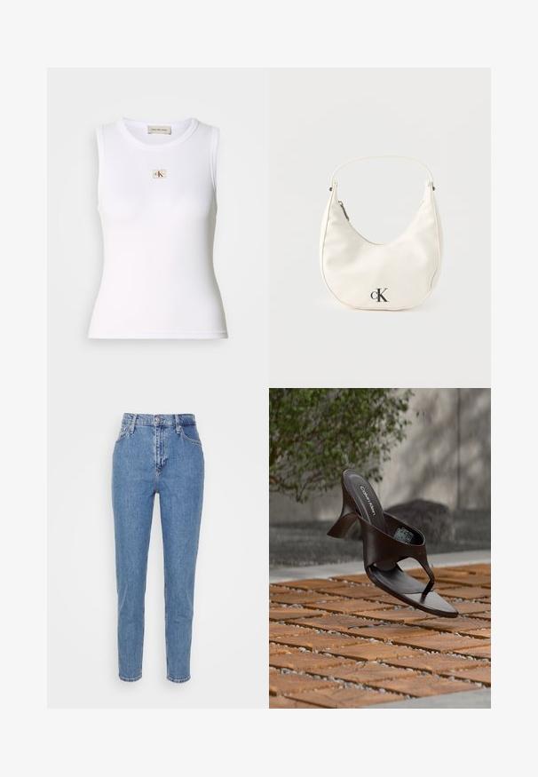 Hvid ribbet ærmeløs top med Calvin Klein Jeans-mærke på brystet og indvendig nakkemærke.; Blå højtaljede lige jeans med frontknap og lynlås, bæltestropper og lommer, præsenteret på en ensfarvet hvid baggrund.; Brun Calvin Klein hælet thong sandal svævende over træflise og grus udendørs med sløret grønt og stenmur i baggrunden.; Lille hvid halvmåneformet håndtaske med kort rem, lynlås og sort "cK"-logo foran.