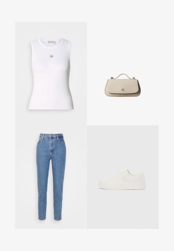 Wit geribd mouwloos tanktop met Calvin Klein Jeans-label op de borst en binnenhalslabel.; Blauwe high-waisted straight-leg jeans met een knoop en rits aan de voorkant, riemlussen en zakken, weergegeven op een effen witte achtergrond.; Witte lage sneaker met dikke zool en zijkant "cK" logo, veters aan de voorkant en minimalistisch ontwerp op een neutrale achtergrond.; Kleine beige leren handtas met bovenhandvat en zilveren CK-logo op de voorflap, getoond tegen een witte achtergrond.