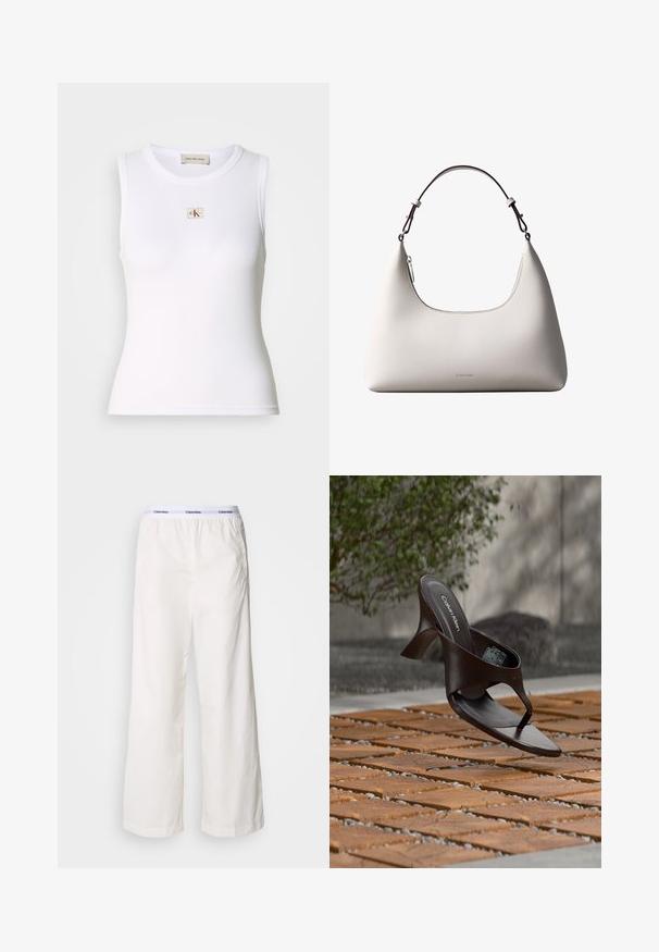 Hvid ribbet ærmeløs top med Calvin Klein Jeans-mærke på brystet og indvendig nakkemærke.; Hvide brede bukser med elastisk talje og et kontrasterende Calvin Klein-logo. Fremstillet af glat stof, giver de en afslappet pasform.; Brun Calvin Klein hælet thong sandal svævende over træflise og grus udendørs med sløret grønt og stenmur i baggrunden.; Cremefarvet skuldertaske i læder fra Calvin Klein med buet topkant, sølvfarvet lynlås og mørkebrun justerbar rem.