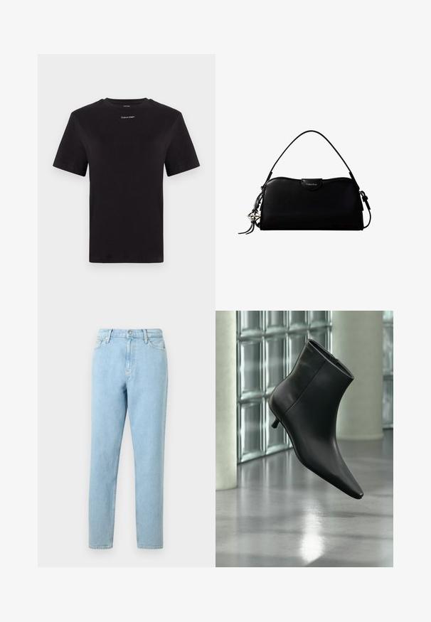 Camiseta de algodón negra con mangas cortas, cuello redondo y pequeño logo blanco de "Calvin Klein" en el pecho. Textura suave, corte clásico.; Pantalones vaqueros de denim azul claro con un corte recto, diseño de cinco bolsillos y cierre de botones. Presentan un ligero desvanecimiento y una textura suave.; Botín negro de cuero con punta puntiaguda y tacón bajo estilo kitten, mostrado en ángulo sobre un suelo pulido y con una pared de bloques de vidrio de fondo.; Bolso rectangular negro de Calvin Klein con una única correa superior, dije con el logo plateado y un pequeño cierre de solapa en la parte frontal.