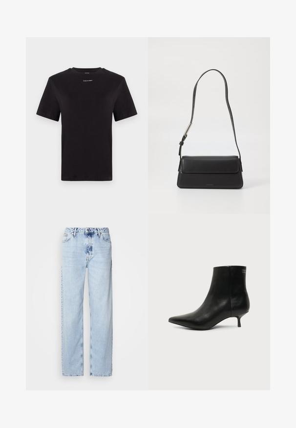 Camiseta de algodón negra con mangas cortas, cuello redondo y pequeño logo blanco de "Calvin Klein" en el pecho. Textura suave, corte clásico.; Jeans de pierna ancha en azul claro, confeccionados en denim, con una cintura alta, un lavado desgastado y un sutil patrón de tie-dye en la parte delantera.; Botín de piel negra con puntera puntiaguda y tacón bajo estilo kitten sobre fondo claro, mostrando vista lateral exterior.; Bolso de mano de cuero negro con forma rectangular y solapa plegable. Presenta una correa delgada y una marca mínima en la parte delantera.