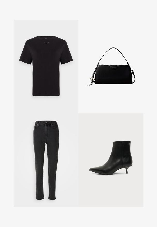 Camiseta de algodón negra con mangas cortas, cuello redondo y pequeño logo blanco de "Calvin Klein" en el pecho. Textura suave, corte clásico.; Vaqueros negros de cintura alta con un ajuste slim, que cuentan con un cierre de botones, trabillas para cinturón y costuras en contraste. Textura suave, sin patrones visibles.; Botín de piel negra con puntera puntiaguda y tacón bajo estilo kitten sobre fondo claro, mostrando vista lateral exterior.; Bolso rectangular negro de Calvin Klein con una única correa superior, dije con el logo plateado y un pequeño cierre de solapa en la parte frontal.