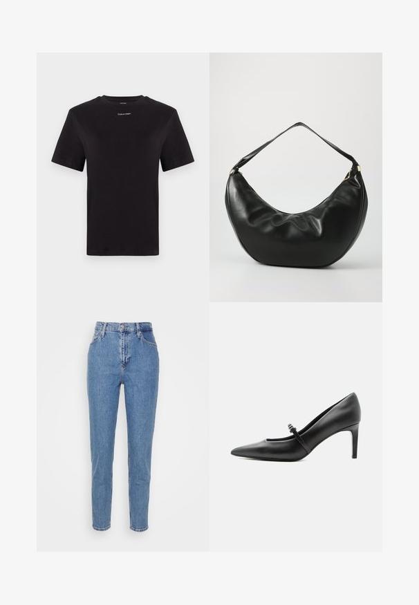 Schwarzes Baumwoll-T-Shirt mit kurzen Ärmeln, Rundhalsausschnitt und kleinem weißen "Calvin Klein"-Logo auf der Brust. Glatte Textur, klassischer Schnitt.; Blaue hochtaillierte gerade Jeans mit verdecktem Knopf und Reißverschluss, Gürtelschlaufen und Taschen, vor einem schlichten weißen Hintergrund präsentiert.; Schwarzer Leder-Pumps mit spitzer Zehenpartie, dünnem Riemen und Schnalle über dem Spann, stehend auf hellem neutralem Hintergrund.; Schwarze Leder-Schultertasche mit geschwungener Form, weicher Textur und einem einzelnen Riemen; verfügt über einen goldenen Reißverschluss und dezente Markenkennzeichnung.